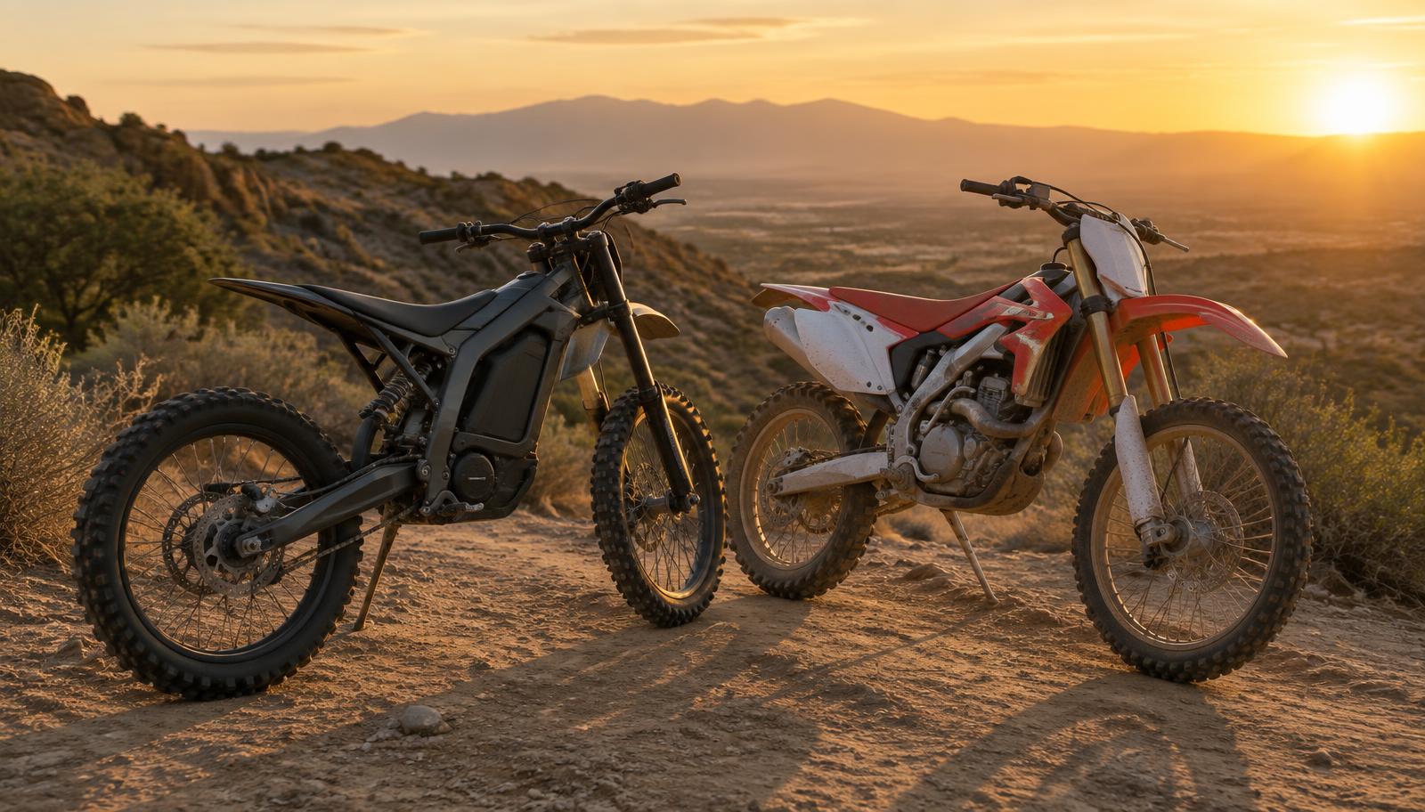 Electric and gas dirt bikes parked side by side on a desert trail at sunset